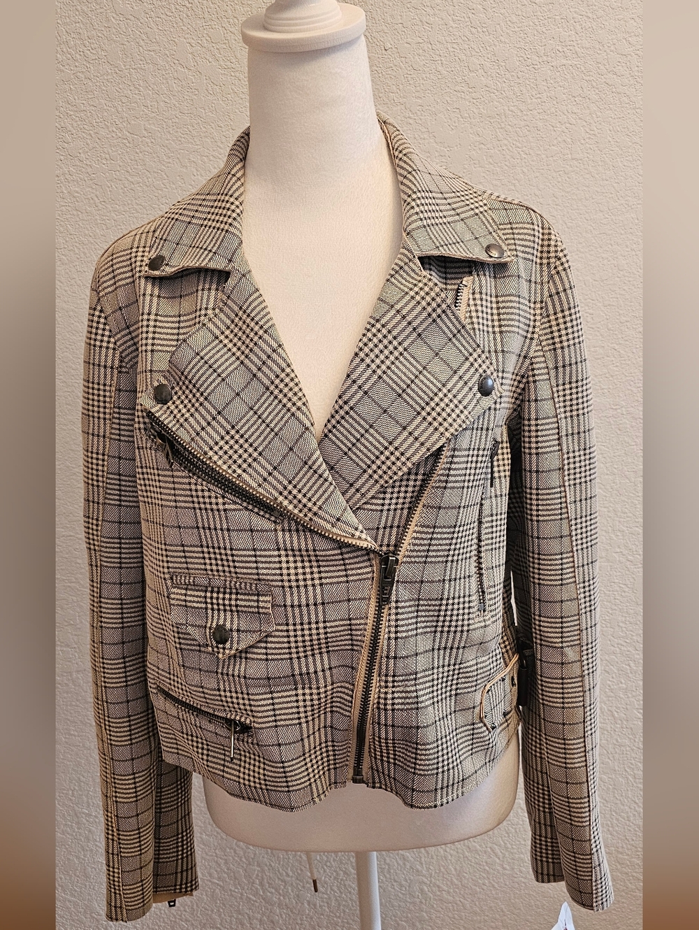 Blank NYC Plaid Moto Blazer in Beige and Black